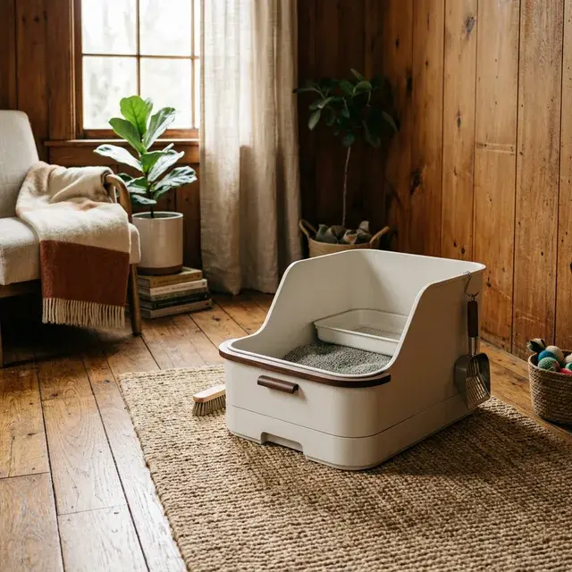 Clean sifting litter box in a rustic room